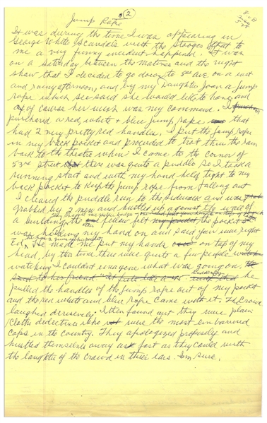 Moe Howard's Handwritten Manuscript Page When Writing His Autobiography -- Moe Recounts Some Special Fan (& Police) Encounters, ''that's Moe of the 3 Stooges'' -- Two Pages on One 8'' x 12.5'' Sheet